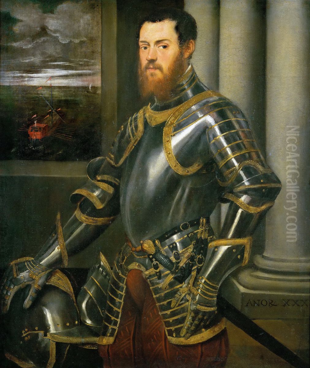 Portrait of Sigismund Augustus with a royal galley Oil Painting by Jacopo Tintoretto