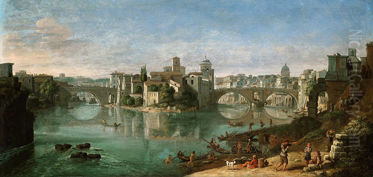 View of Tiber in Rome Oil Painting by (circle of) Wittel, Gaspar van (Vanvitelli)