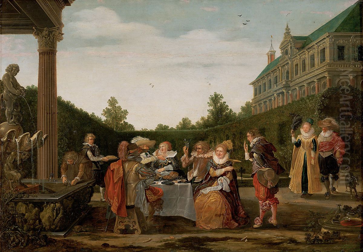 Banquet in a palatial garden, with an elegant company drinking and in conversation Oil Painting by Esaias Van De Velde