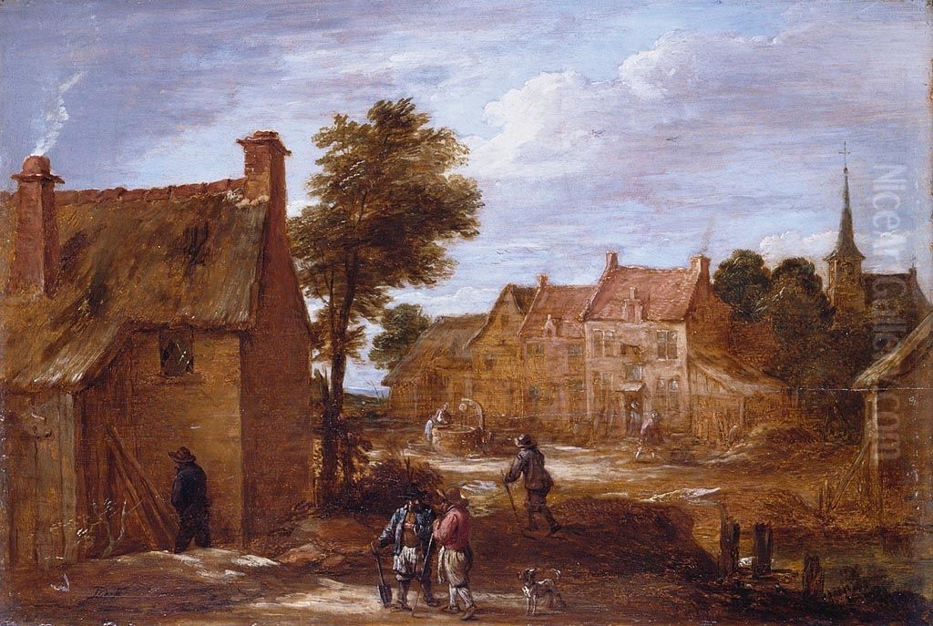 A Village Street Oil Painting by David Teniers the Younger