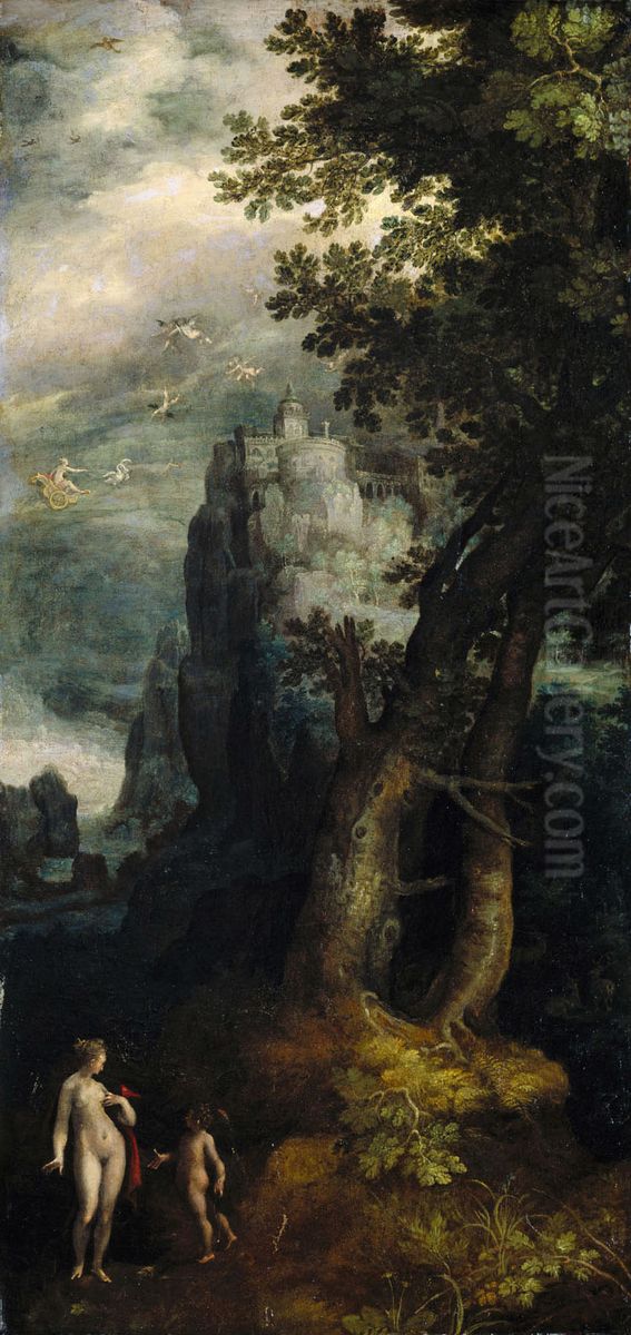 Venus und Amor vor der Liebesburg Oil Painting by Roelant Savery