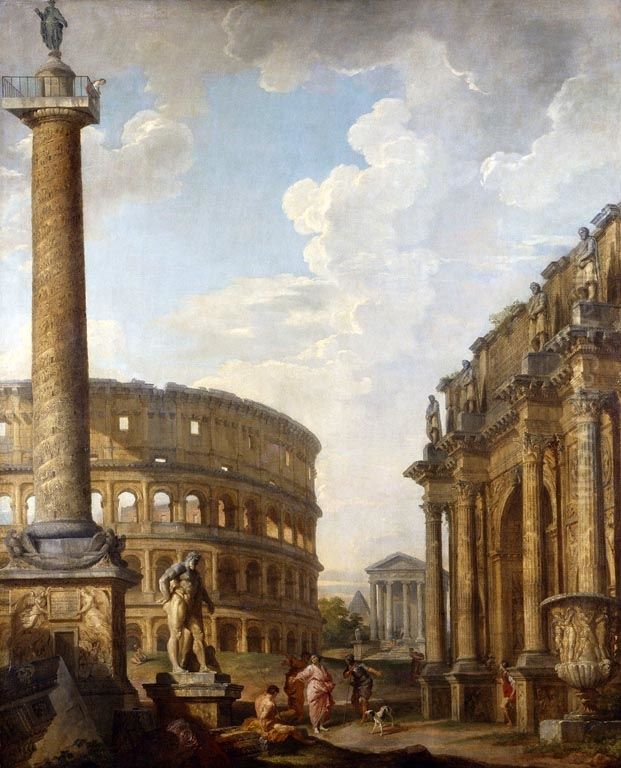 Caprice View with Trajan's Column and Roman Ruins Oil Painting by Giovanni Paolo Panini