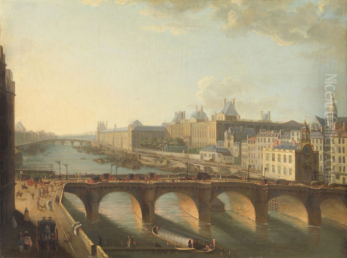 View of the Pont-Neuf in Paris from the Quai de la l'Horloge Oil Painting by Hyacinthe de La Pegna