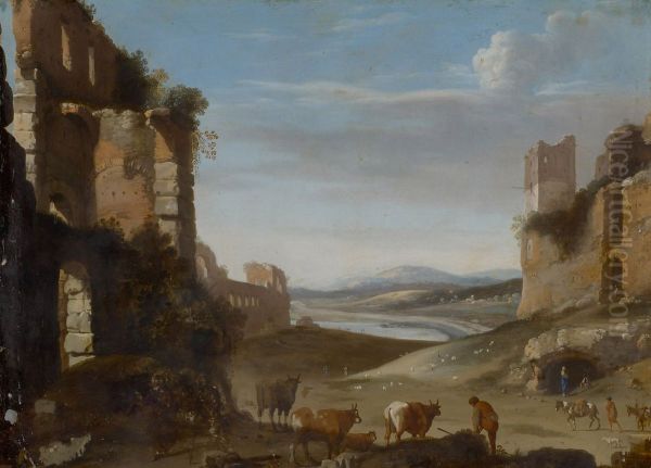 Capriccio Roman landscape with ruins Oil Painting by Cornelius van Poelenburgh