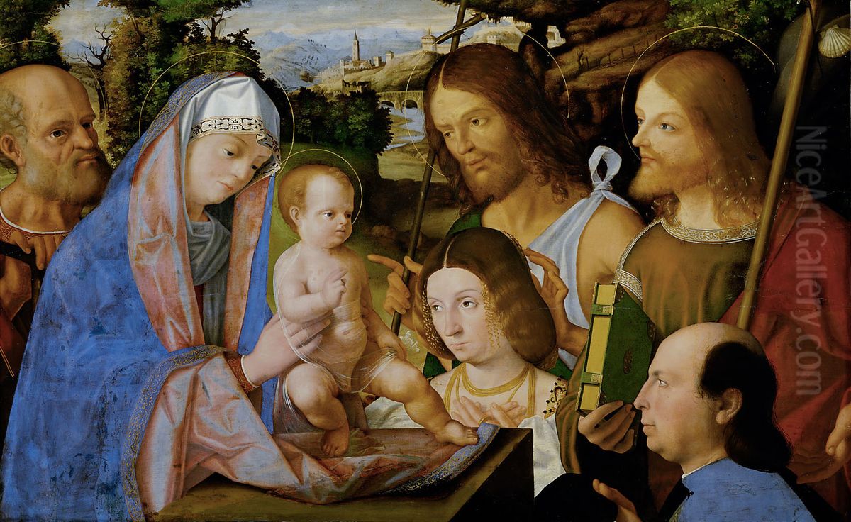 Hl. Familie mit Johannes dem Taufer, Jakobus dem Alterem und zwei Stiftern Oil Painting by Andrea Previtali