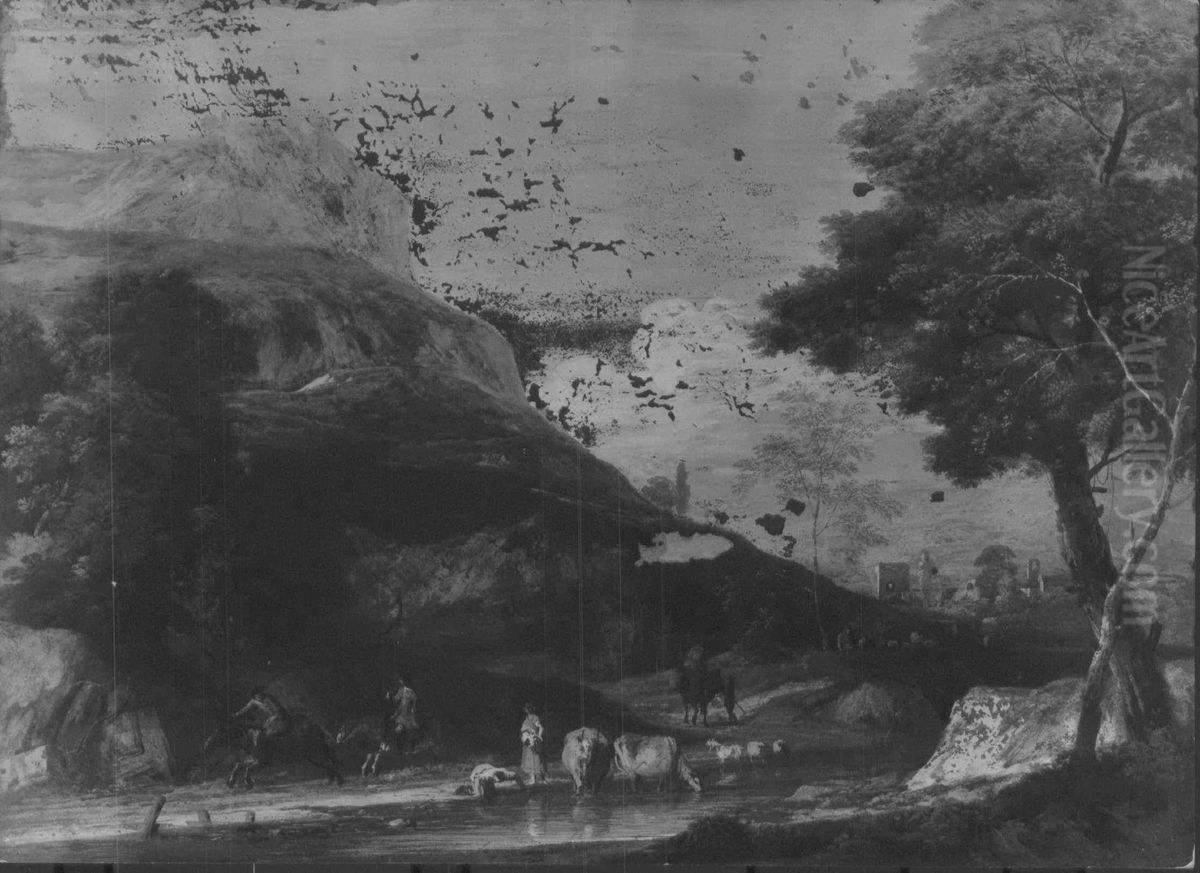 A Hilly Landscape with two Men on Horseback Galloping Oil Painting by Marco Ricci