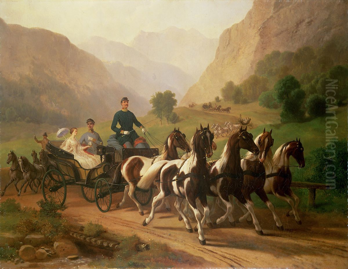 Kaiser Franz Joseph (1830 - 1916) und seine Braut bei einer Ausfahrt in der Umgebung von Ischl Oil Painting by Johann Erdmann Gottlieb Prestel