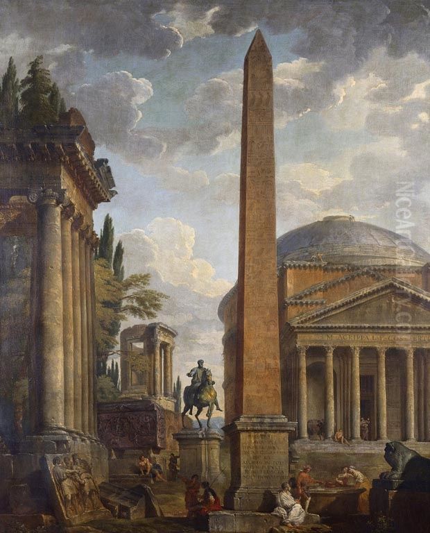 Caprice View with the Pantheon and Roman Ruins Oil Painting by Giovanni Paolo Panini