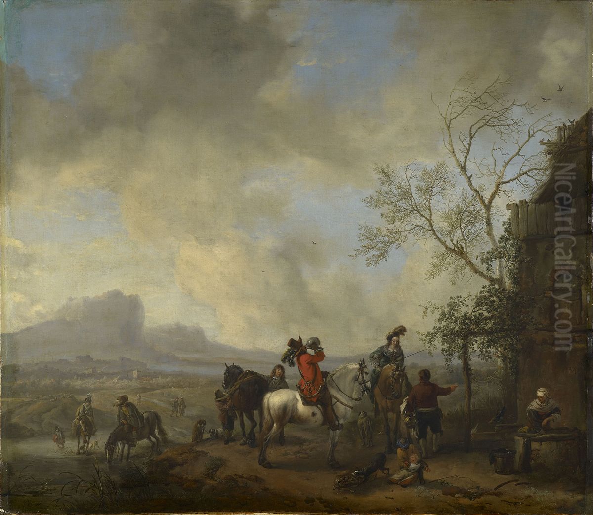 A Hunting Party Halting at a Wayside Inn Oil Painting by Philips Wouwerman