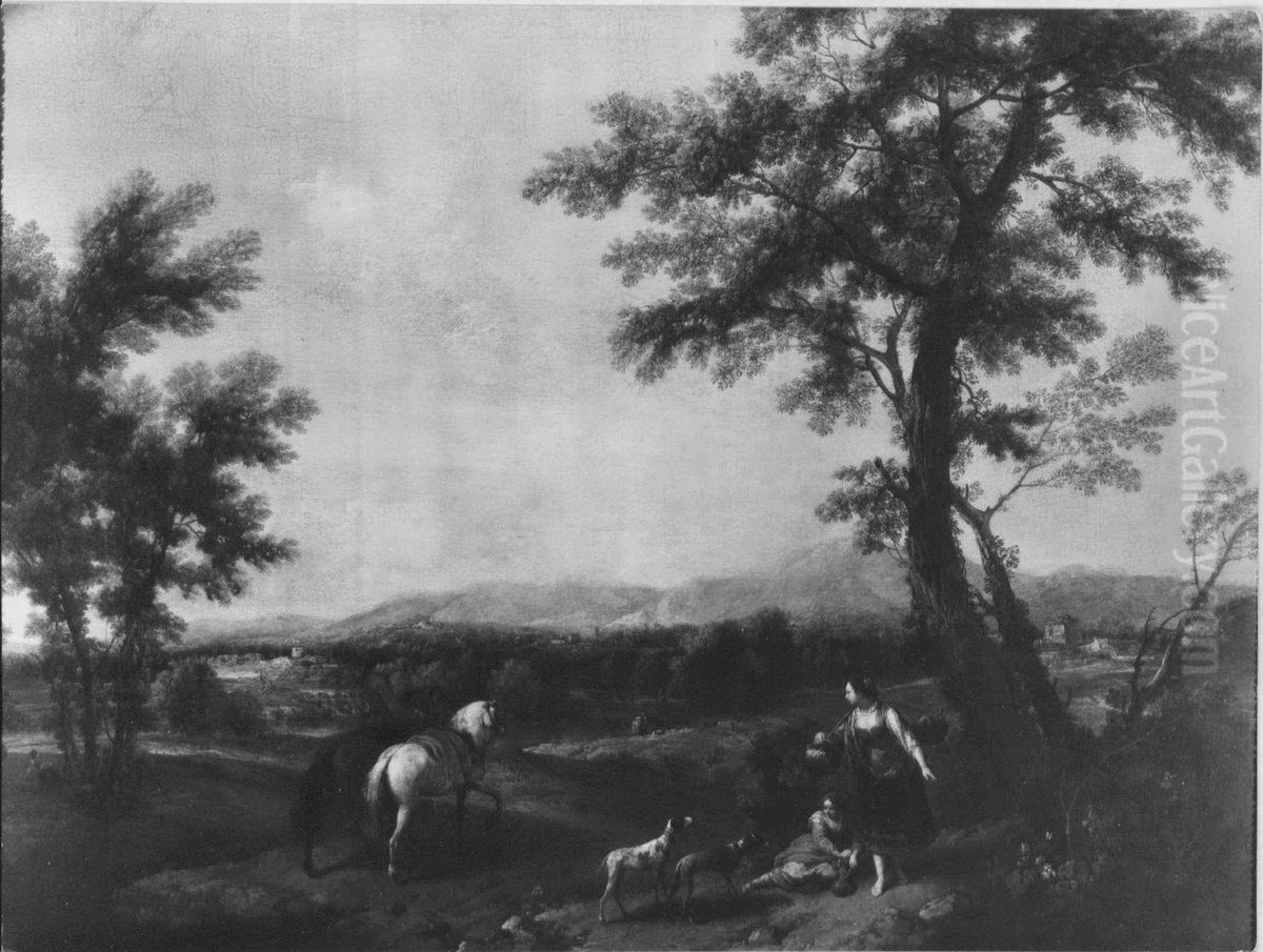 Landscape with a Groom and two Horses, and two Peasant Women Oil Painting by Francesco Zuccarelli