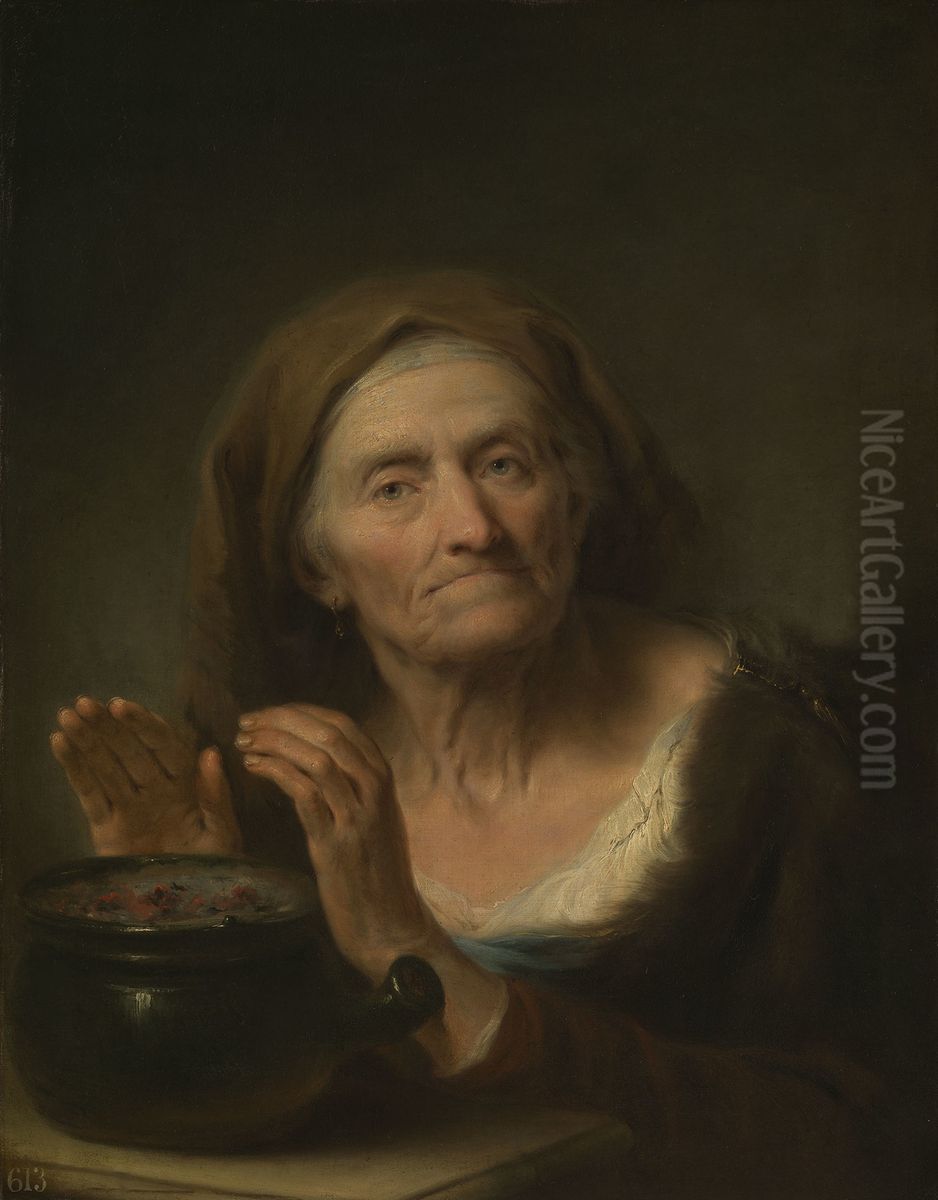 An Old Woman Warming her Hands Oil Painting by Giuseppe Nogari