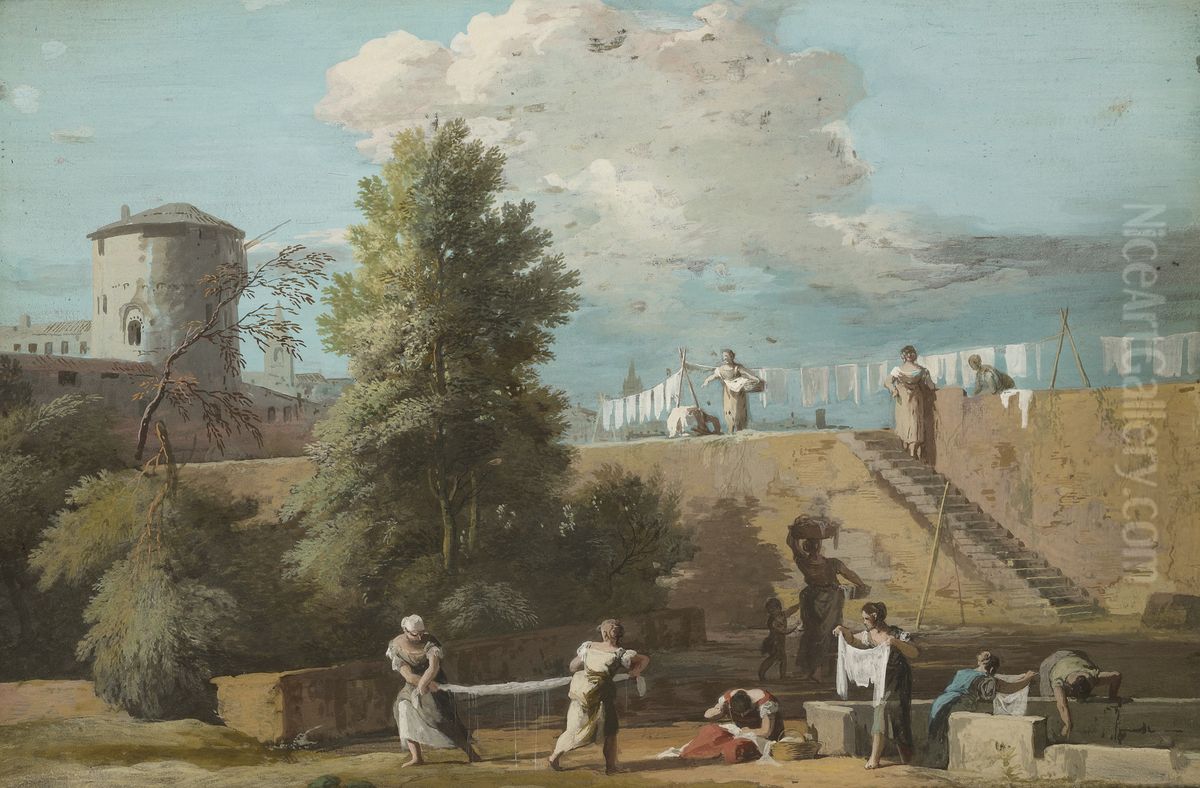 The Outskirts of a Town with Women Washing Linen Oil Painting by Marco Ricci