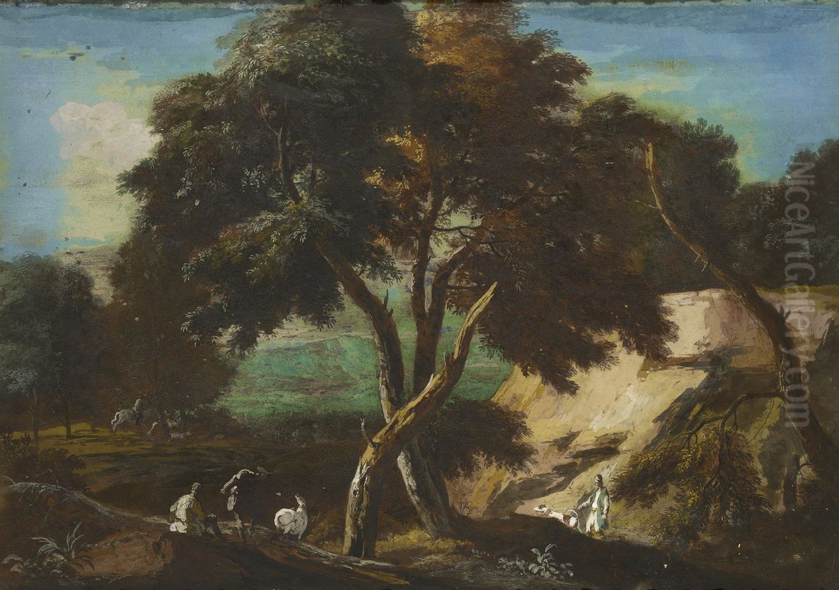 A Wooded Landscape with Huntsmen Oil Painting by Marco Ricci
