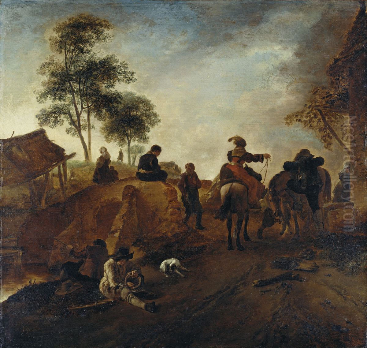 A Country Road with a Stone Bridge and Travellers Oil Painting by Philips Wouwerman