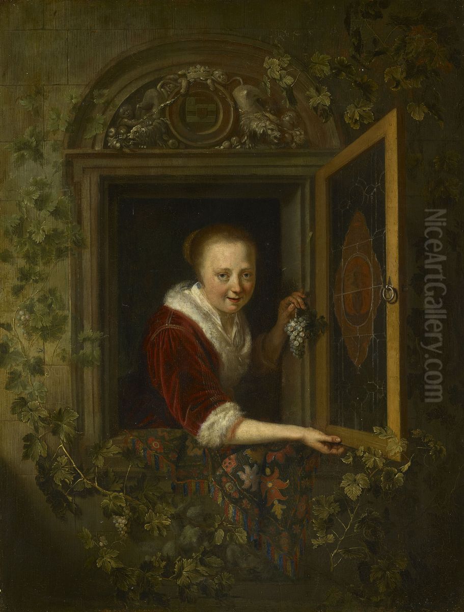 A Girl with a Bunch of Grapes at a Window Oil Painting by Gerrit Dou