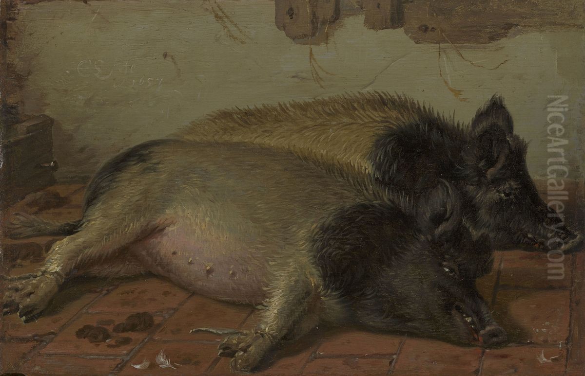 Two Pigs Oil Painting by Cornelis Saftleven