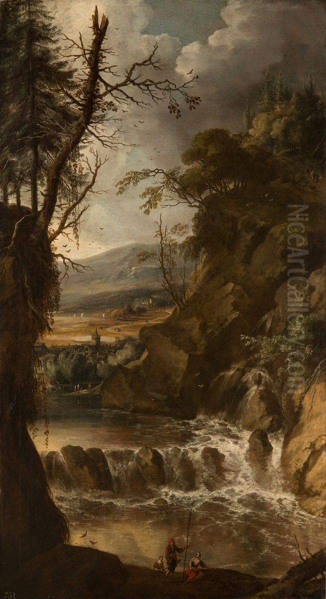 Landscape with a Waterfall and Figures Oil Painting by Gerard Edema