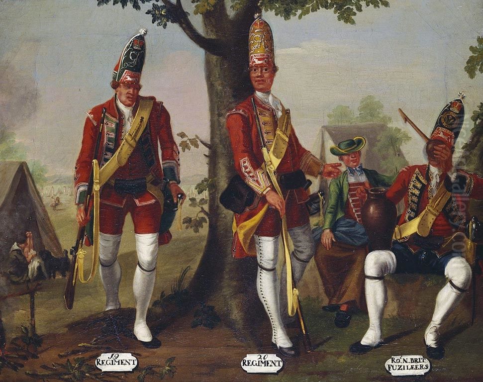 Grenadiers, 19th and 20th Regiments of Foot, and 21st Royal North British Fusiliers, 1751. Oil Painting by David Morier
