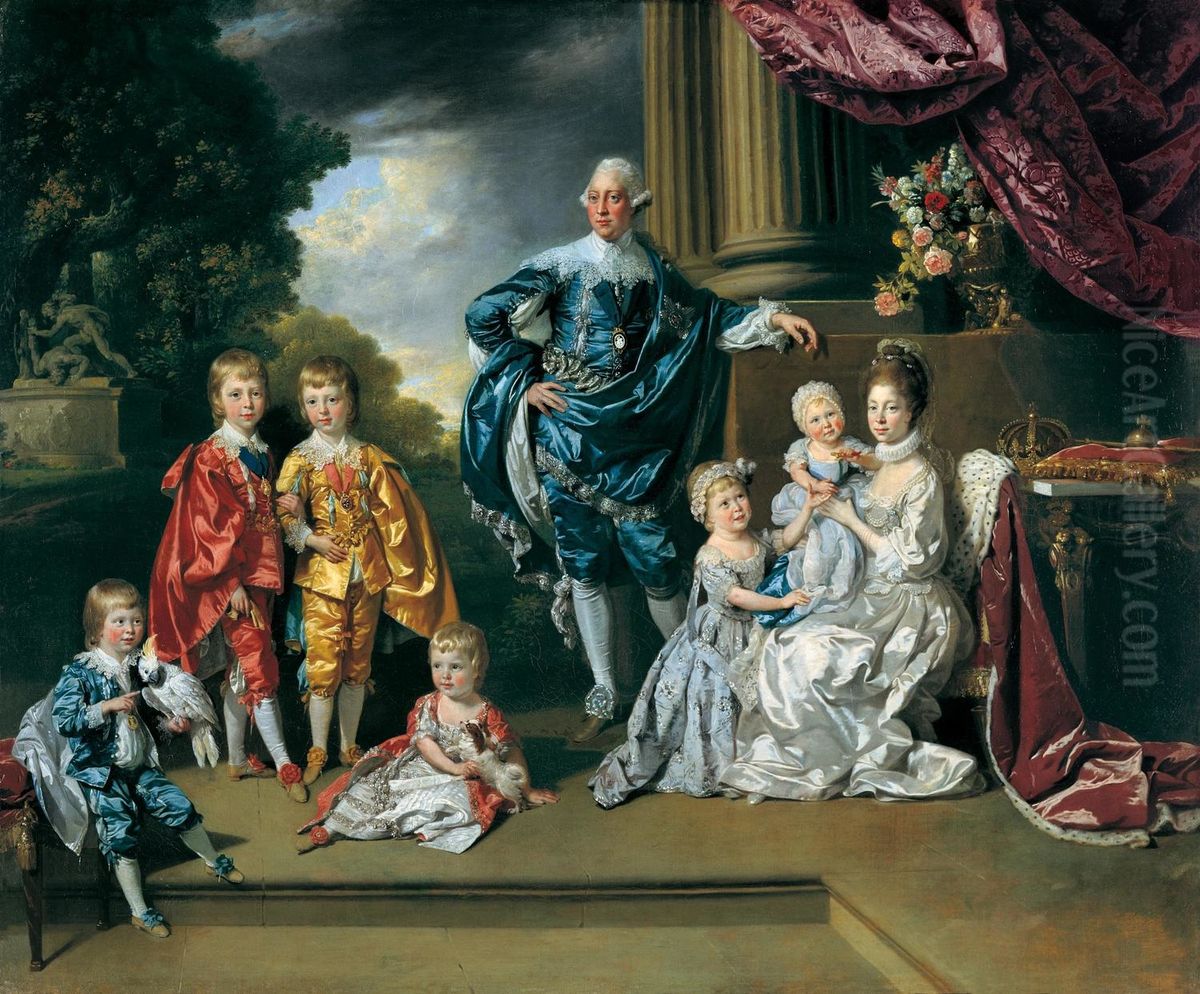 George III (1738-1820), Queen Charlotte (1744-1818) and their Six Eldest Children Oil Painting by Johann Zoffany