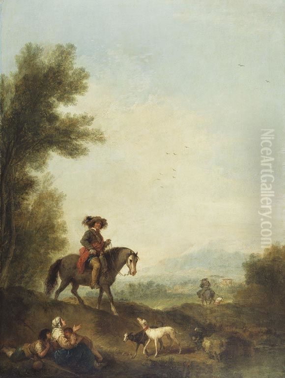 Landscape with Peasant Woman and Two Children Begging from a Cavalier Oil Painting by Francesco Zuccarelli