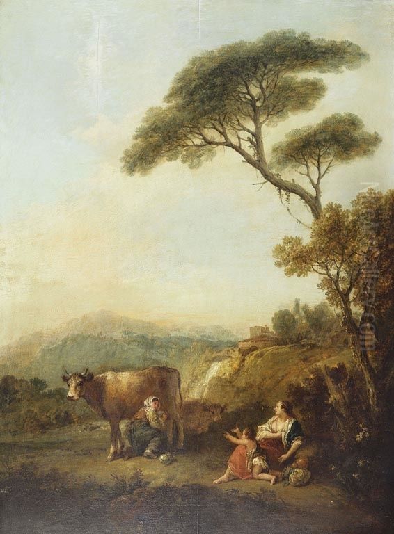 Landscape with a Woman Milking a Cow and a Child Begging for Milk Oil Painting by Francesco Zuccarelli