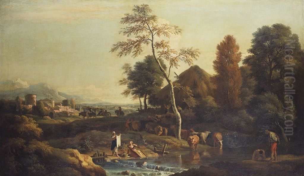 Landscape with women washing clothes Oil Painting by Marco Ricci
