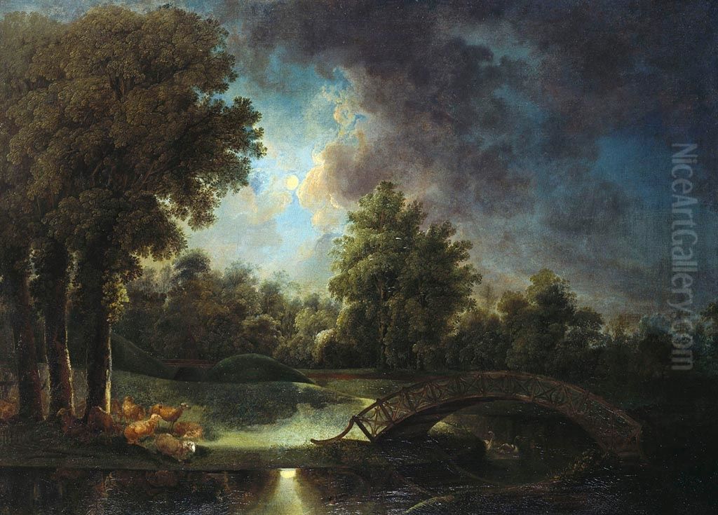 The Gardens at Kew by Moonlight Oil Painting by Johann Jakob Schalch