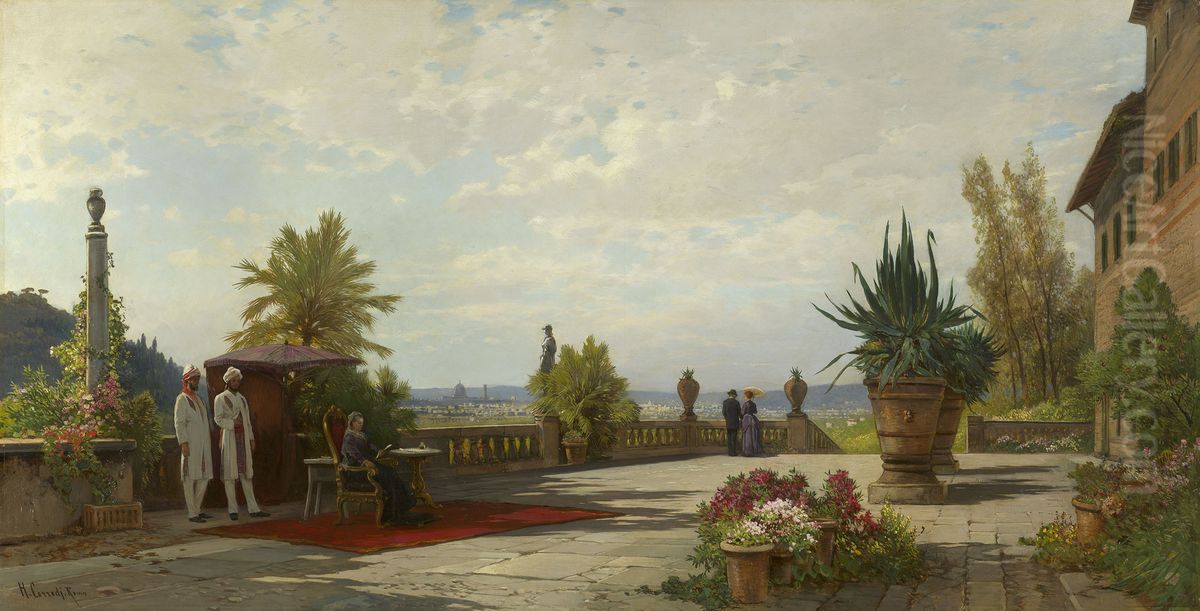 Queen Victoria (1819-1901) on the Terrace of Villa Palmieri Oil Painting by Hermann David Solomon Corrodi