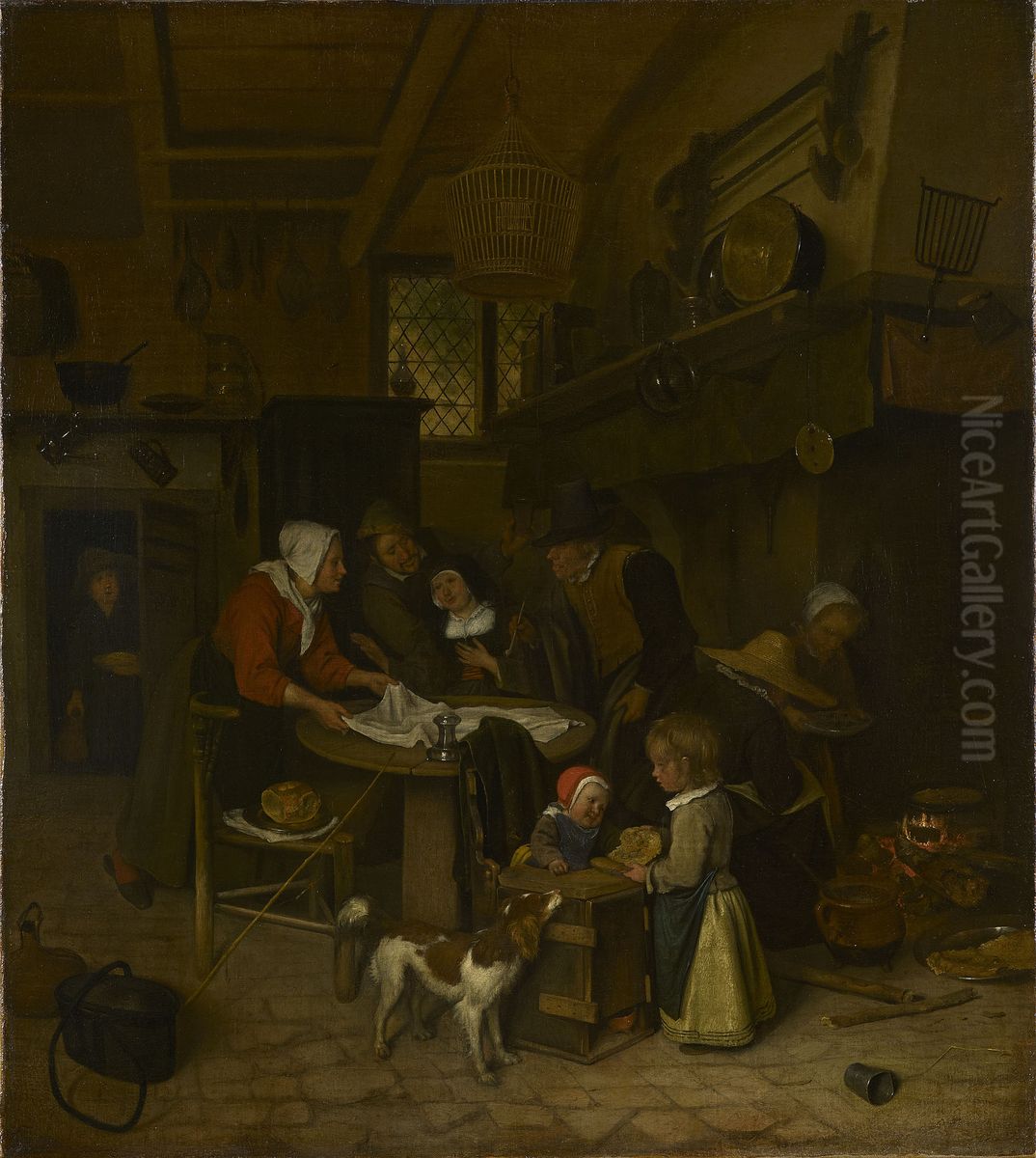 A Scene in a Peasant Kitchen with a Servant Laying the Cloth Oil Painting by Jan Steen