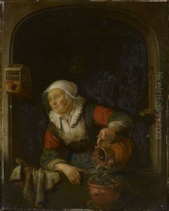 An Old Woman Watering a Pot of Pinks