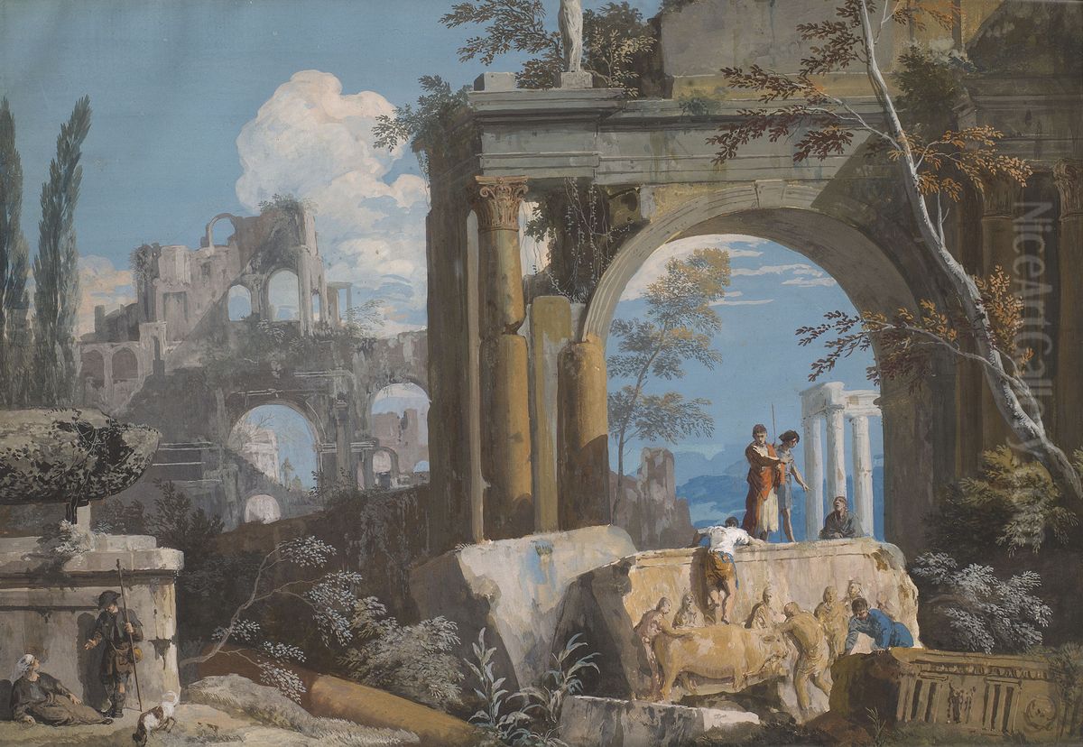 A Classical Ruin Capriccio Oil Painting by Marco Ricci
