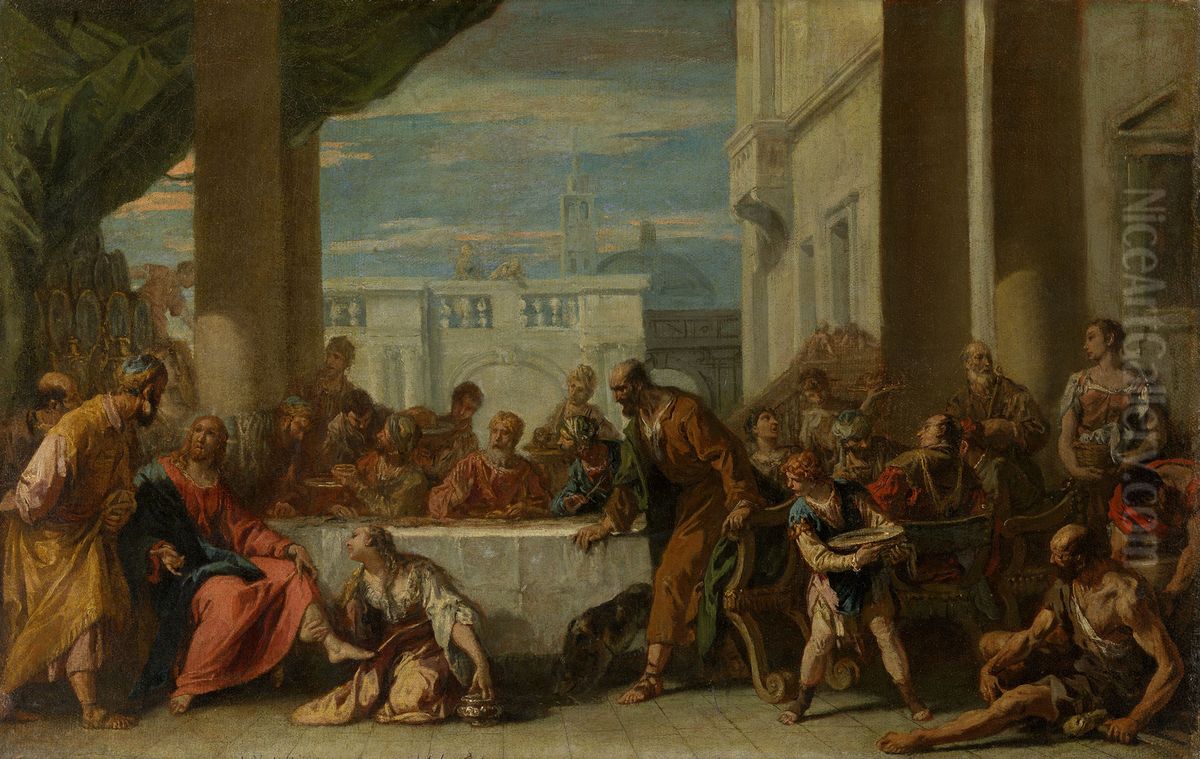 The Magdalen Anointing Christ's feet Oil Painting by Sebastiano Ricci