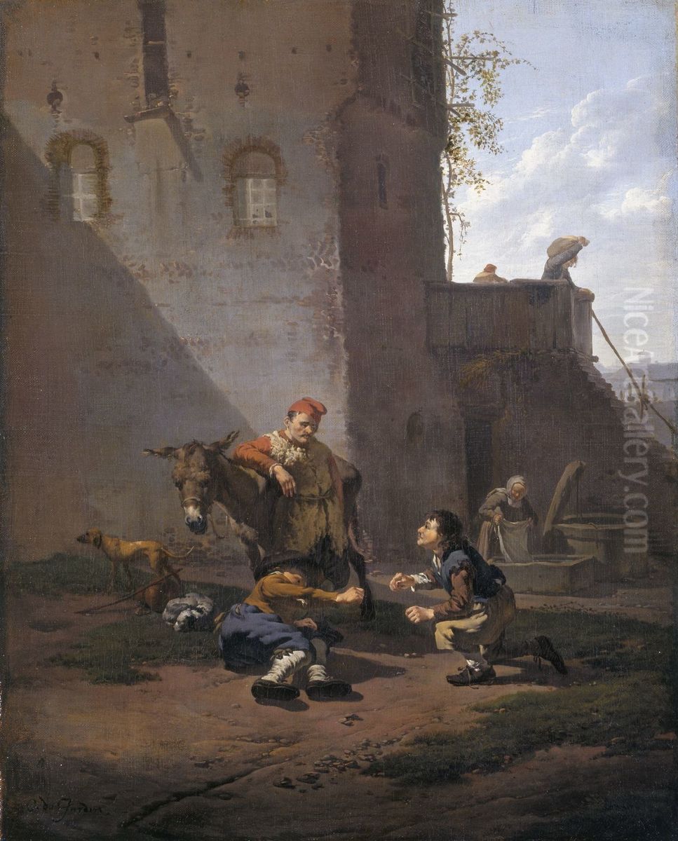 A Muleteer and two Men playing the Game of Morra Oil Painting by Karel Dujardin A Muleteer and two Men playing the Game of Morra Oil Painting by Karel Dujardin