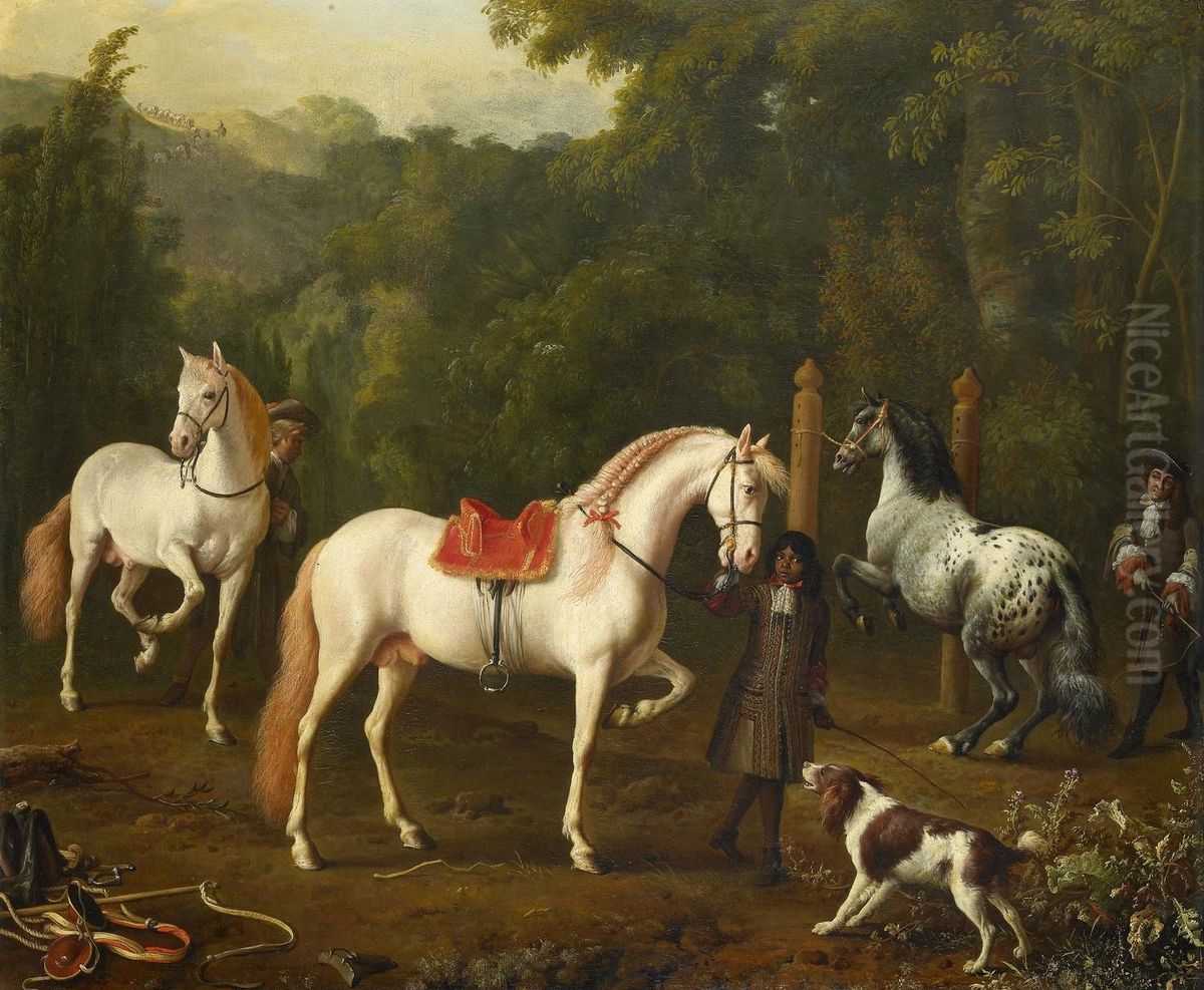 A Groom Assisting a Riding Master at the Manege Oil Painting by Melchior D'Hondecoeter