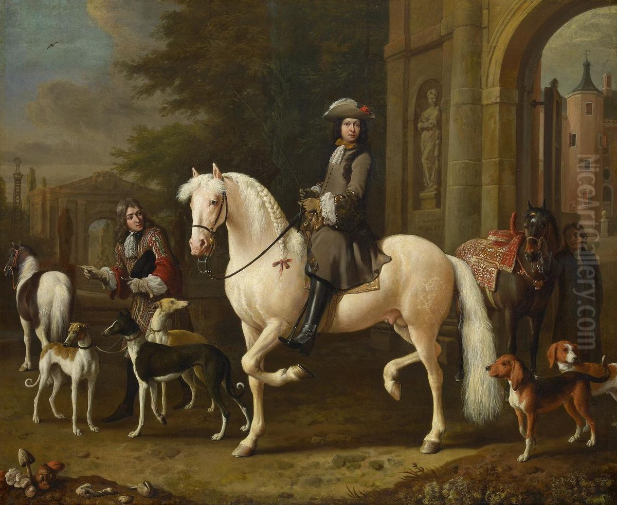Johan Ortt (1642-1701) on Horseback outside the Gate of Nijenrode Castle Oil Painting by Melchior D'Hondecoeter