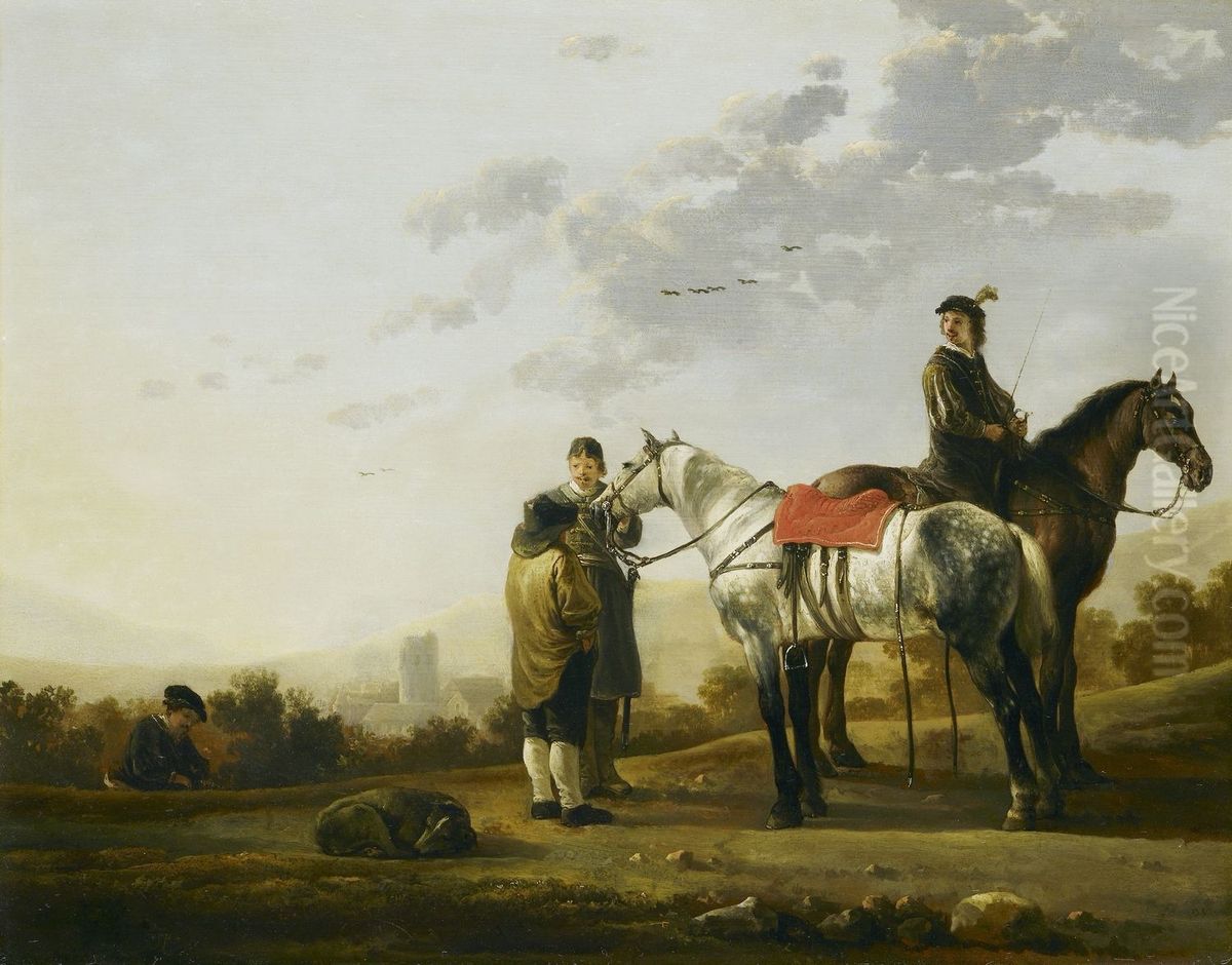 Two Cavalry Troopers Talking to a Peasant Oil Painting by Aelbert Cuyp