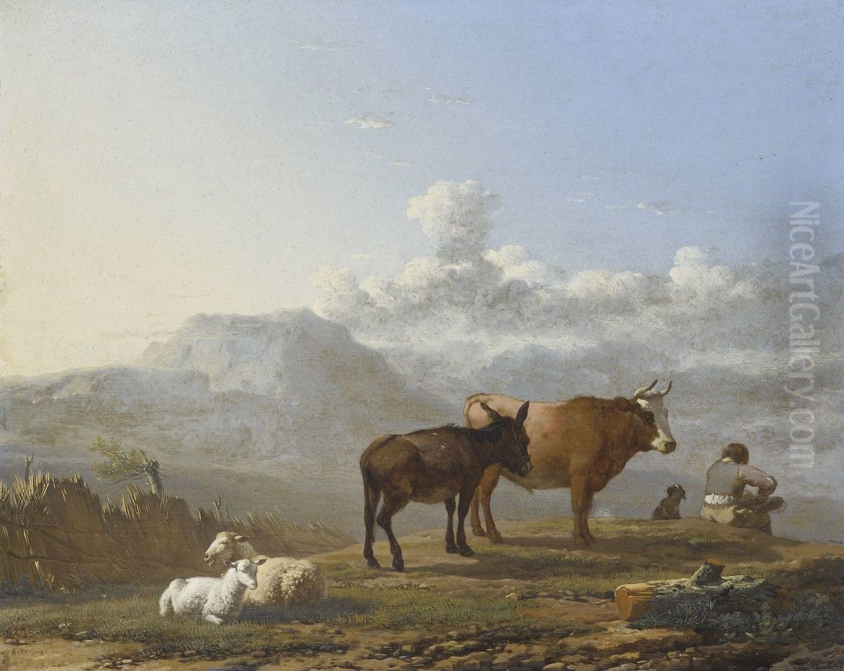 A Herdsman with an Ox, an Ass and Sheep in the Campagna Oil Painting by Karel Dujardin
