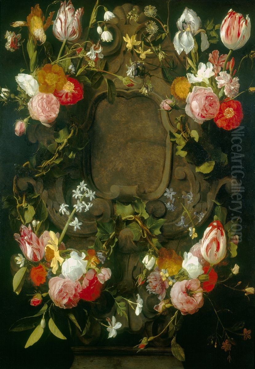 A Cartouche Embellished with a Garland of Flowers Oil Painting by Daniel Seghers