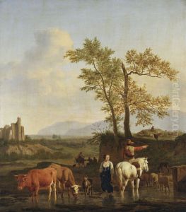 A Horseman at a Ford, Asking the Way of a Herdswoman, in an Italianate Landscape