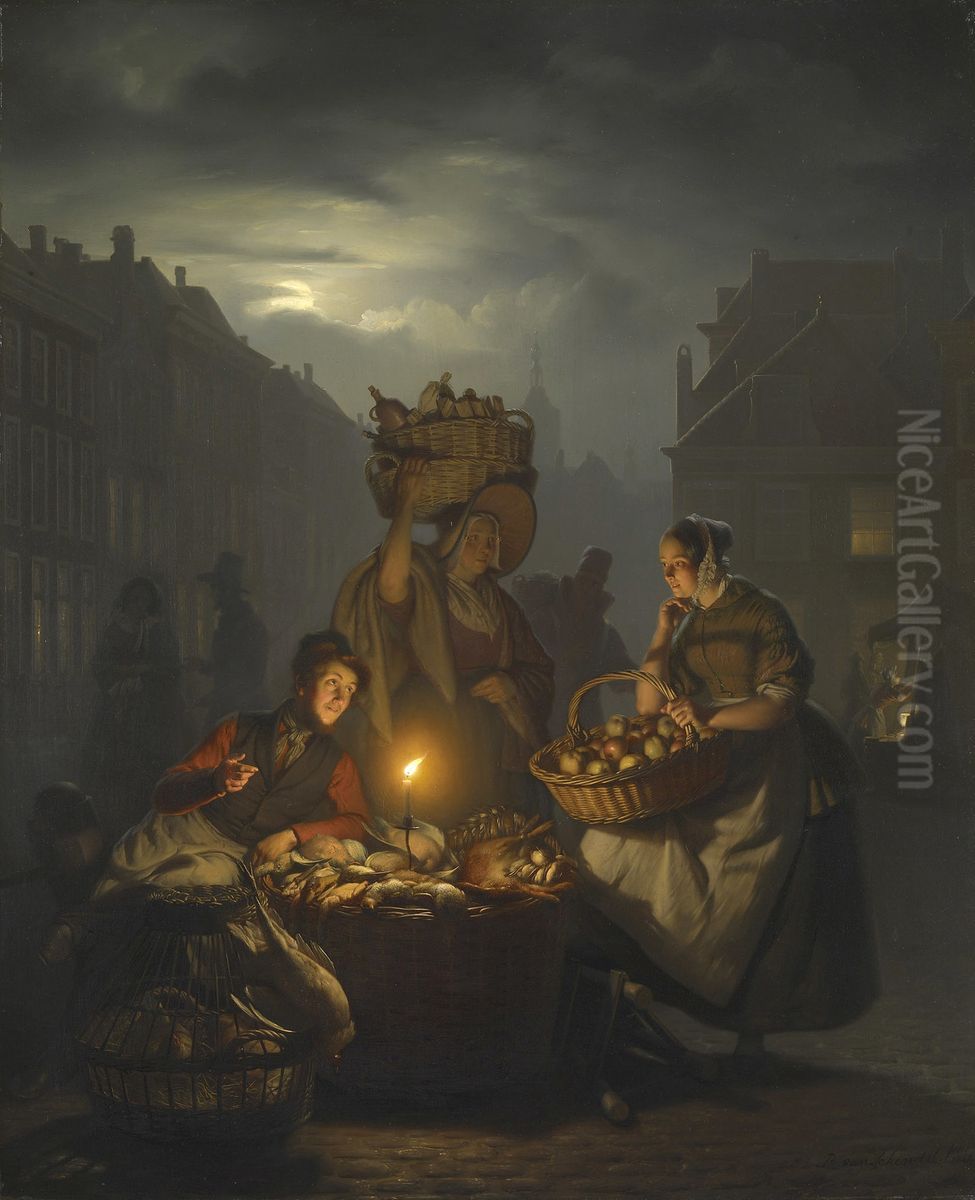 Market Scene by Night Oil Painting by Petrus van Schendel