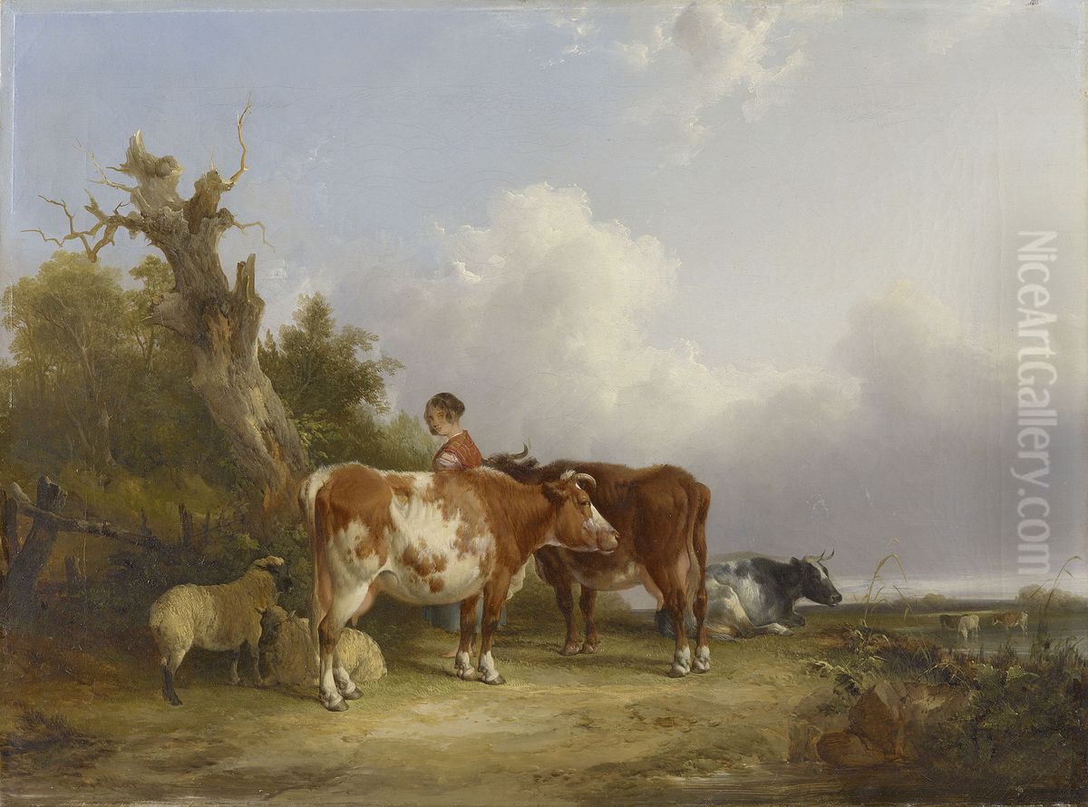 a Dairymaid with Sheep and Cattle in a Landscape Oil Painting by William Shayer