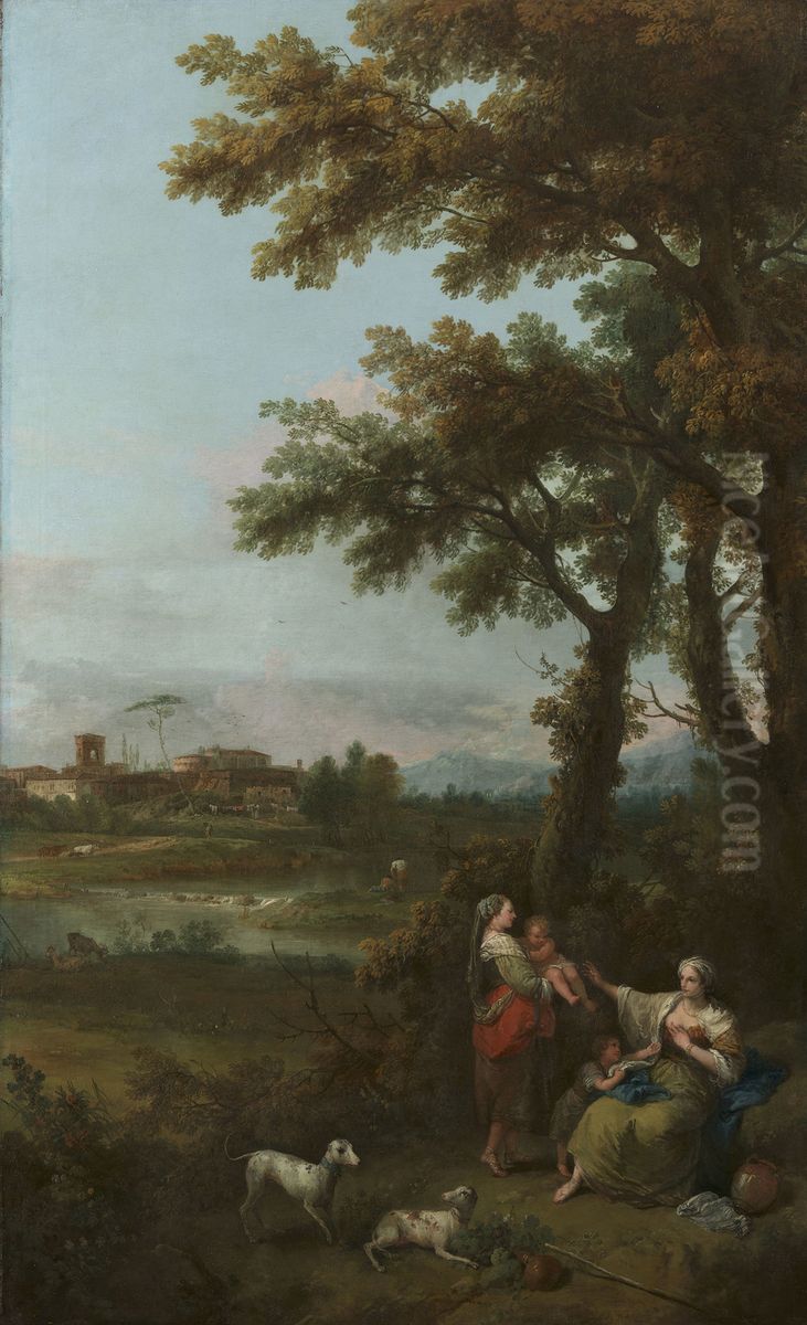 River Landscape with a Woman Giving another Woman a Child to Suckle Oil Painting by Francesco Zuccarelli