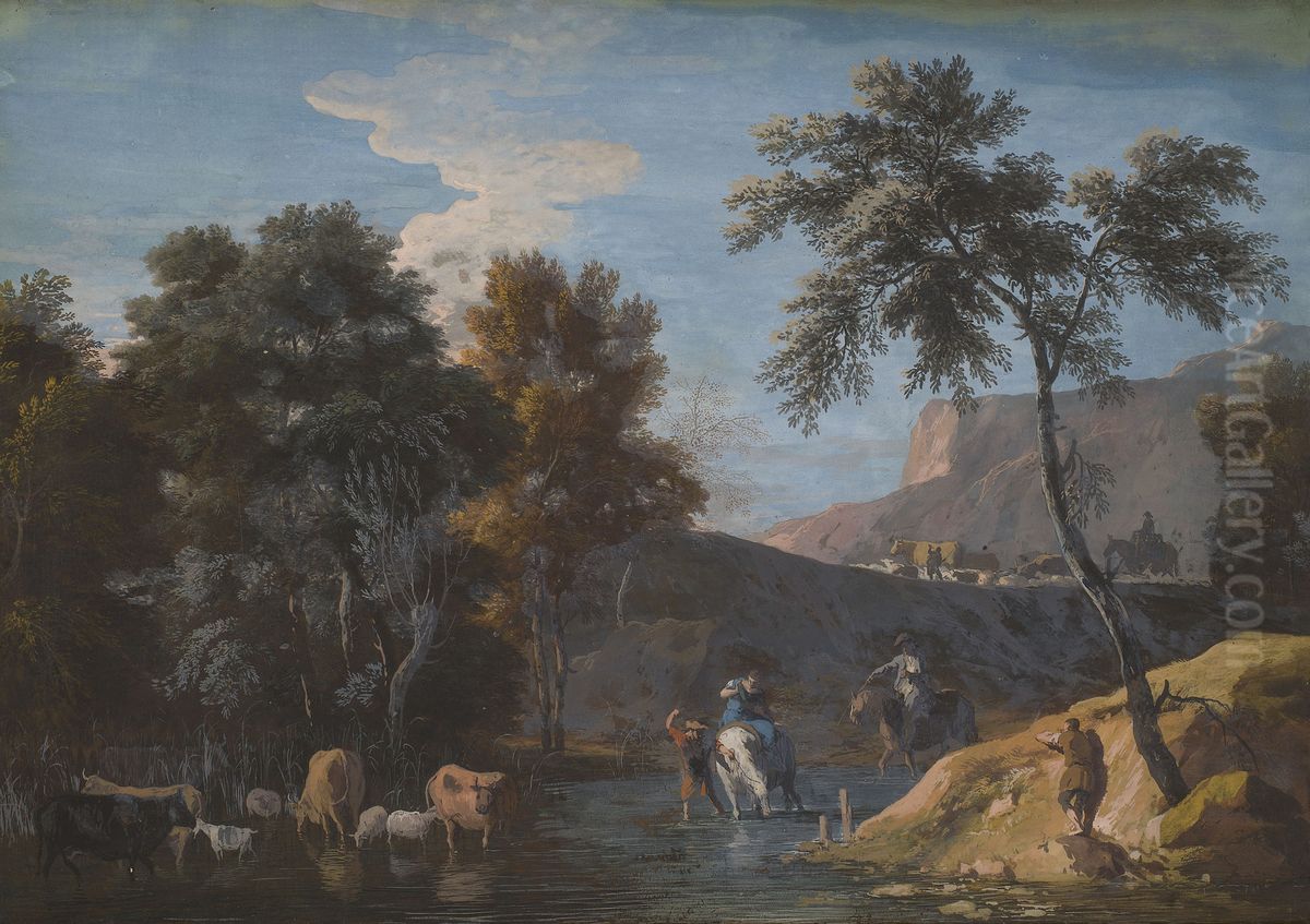 A Rocky Landscape with Herds Watering Oil Painting by Marco Ricci