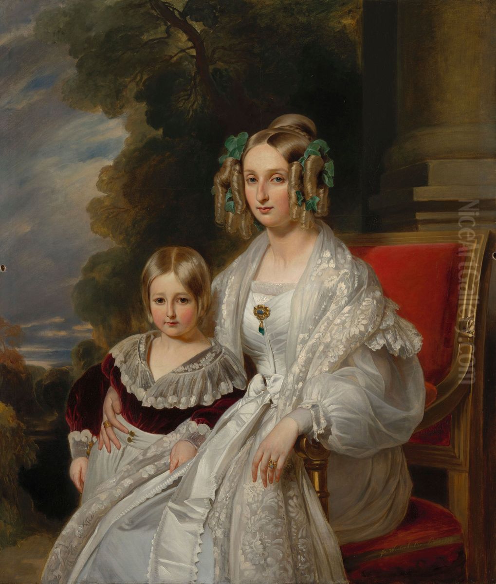 Louise, Queen of the Belgians with Leopold, Duke of Brabant, later Leopold II, King of the Belgians Oil Painting by Franz Xavier Winterhalter