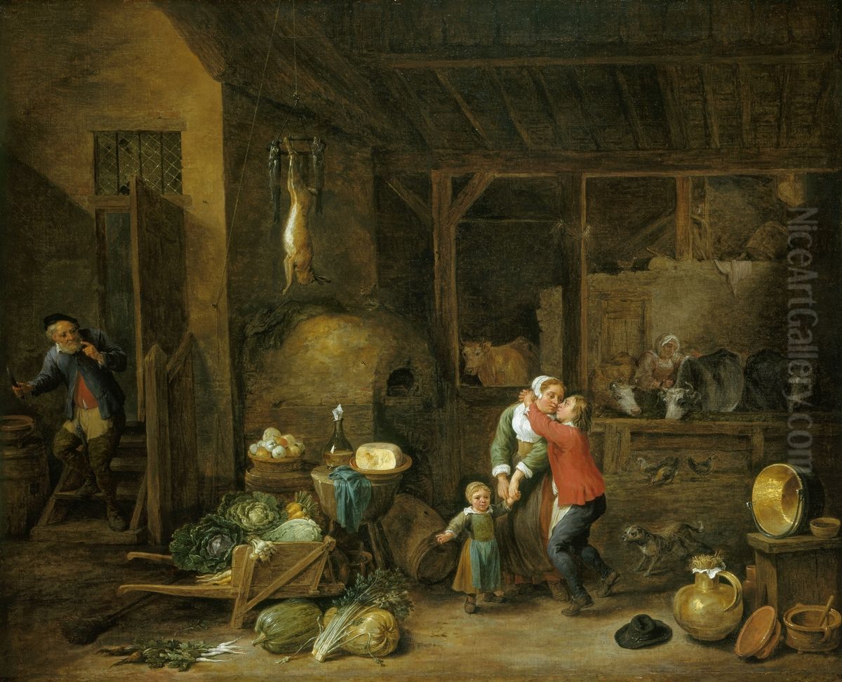 Interior of a Famhouse with Figures ('The Stolen Kiss') Oil Painting by David Teniers the Younger