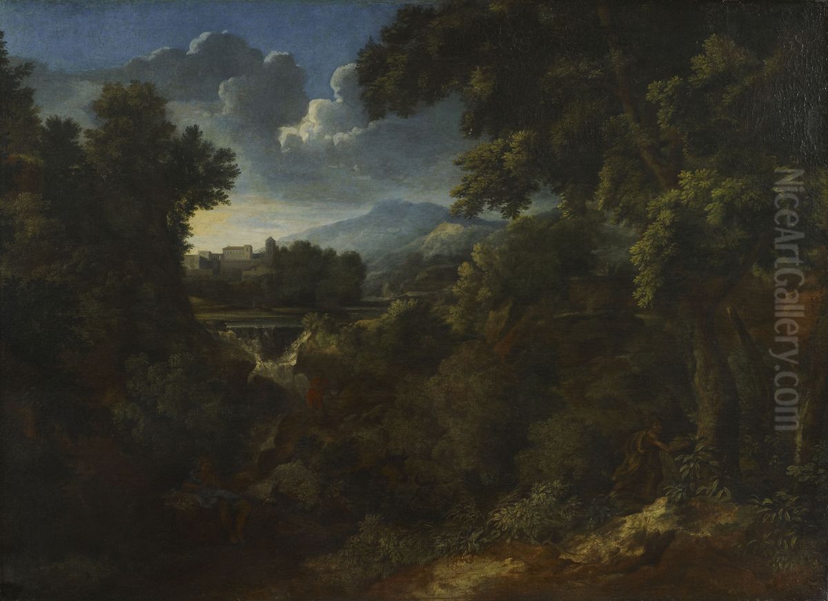 Landscape with Figures Beside a Waterfall Oil Painting by Gaspard Dughet
