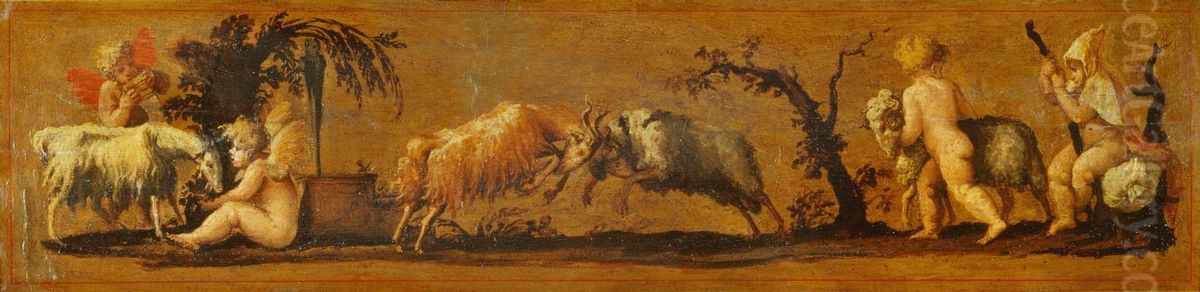 Putti with Goats Oil Painting by Polidoro Da Caravaggio (Caldara)