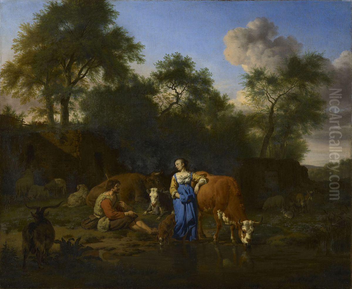 Shepherd and Shepherdess with Cattle by a Stream Oil Painting by Adriaen Van De Velde
