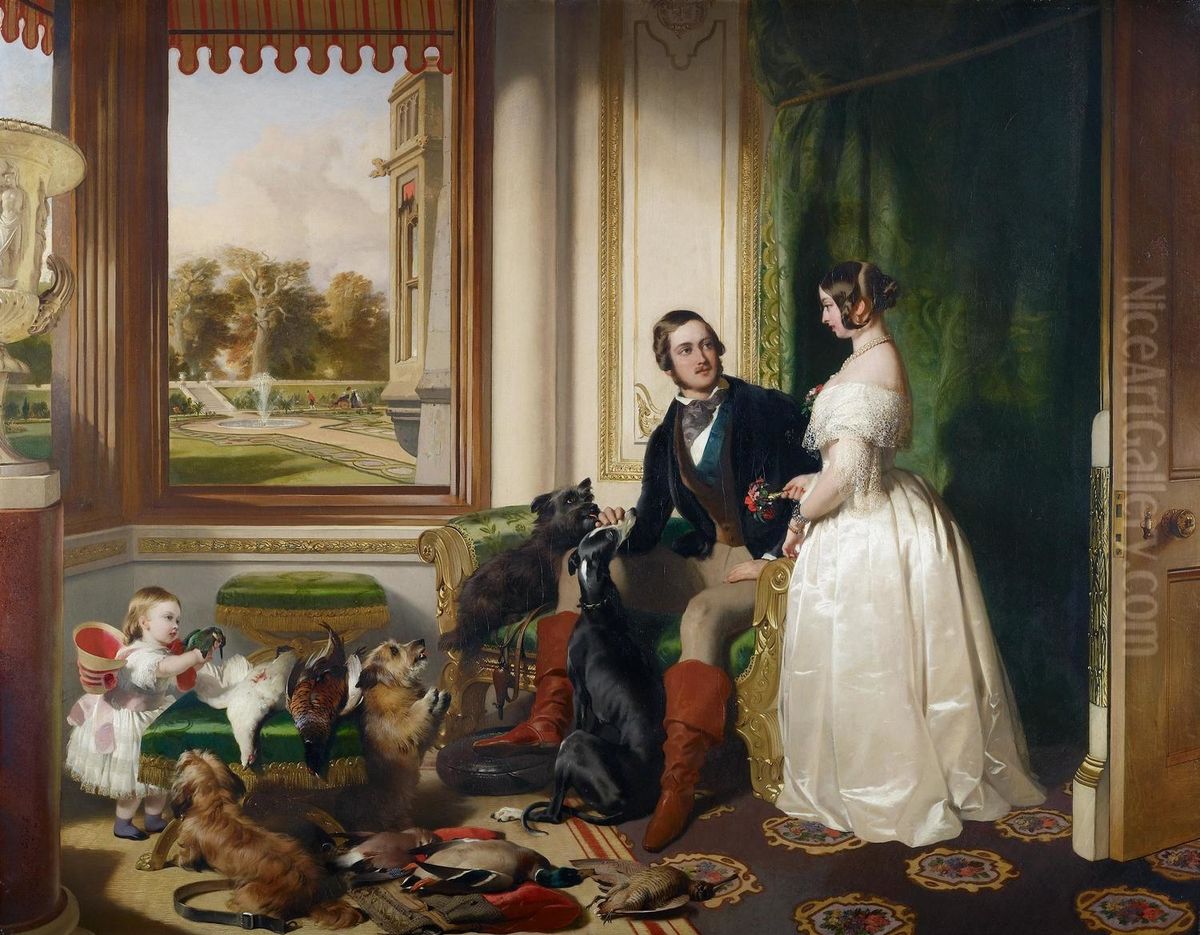 Windsor Castle in modern times; Queen Victoria, Prince Albert and Victoria, Princess Royal Oil Painting by Sir Edwin Henry Landseer