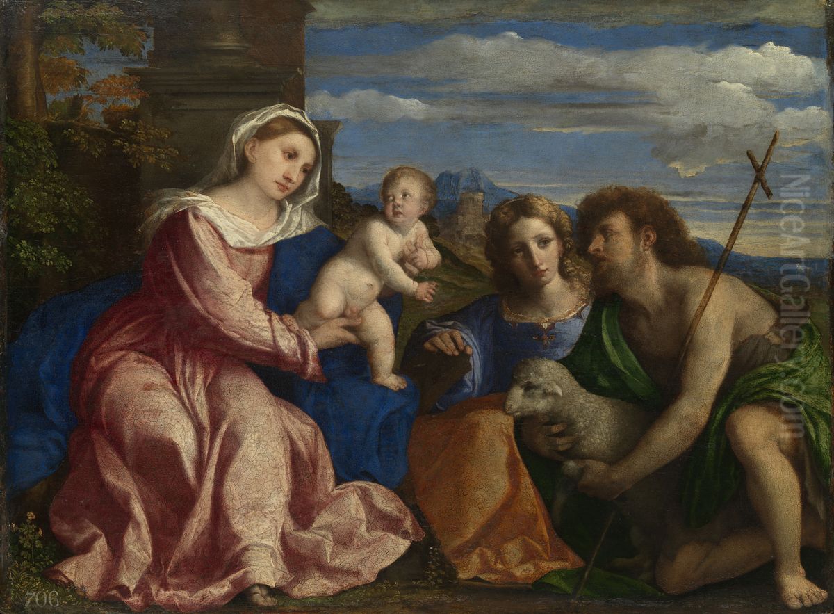The Virgin and Child with Saints Catherine of Alexandria and John the Baptist Oil Painting by Palma Vecchio